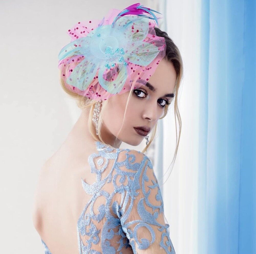 Pink/Blue Feather Mesh Fascinator Hat Clip/Band Wedding Tea Cocktail Party